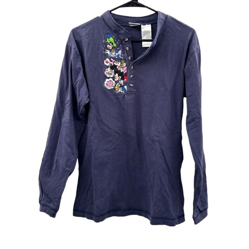 Vintage Disney Magical Navy Blue Mickey & Friends Long Sleeve Henley Shirt Sz M